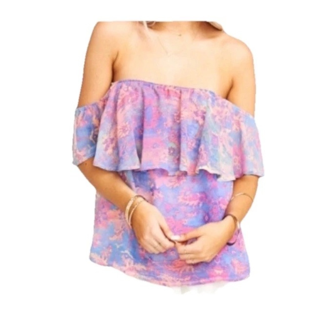 Show Me Your Mumu S Chiquita Watercolor Off Shoulder Ruffle Top Blouse Vacations